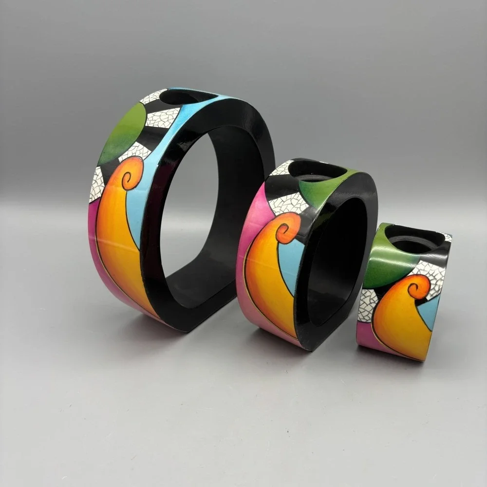 Art Deco Tea Light Candle Holders‎ Bright Colors Abstract Design Stackable